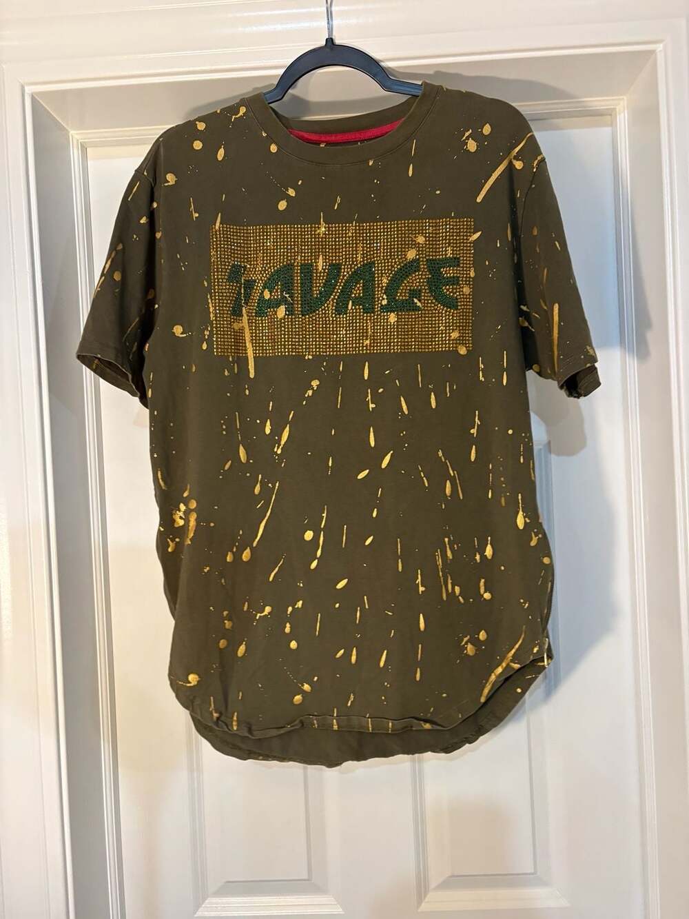 Makobi Men's Olive Green Paint Splatter Rhinestone Savage Tee Size L